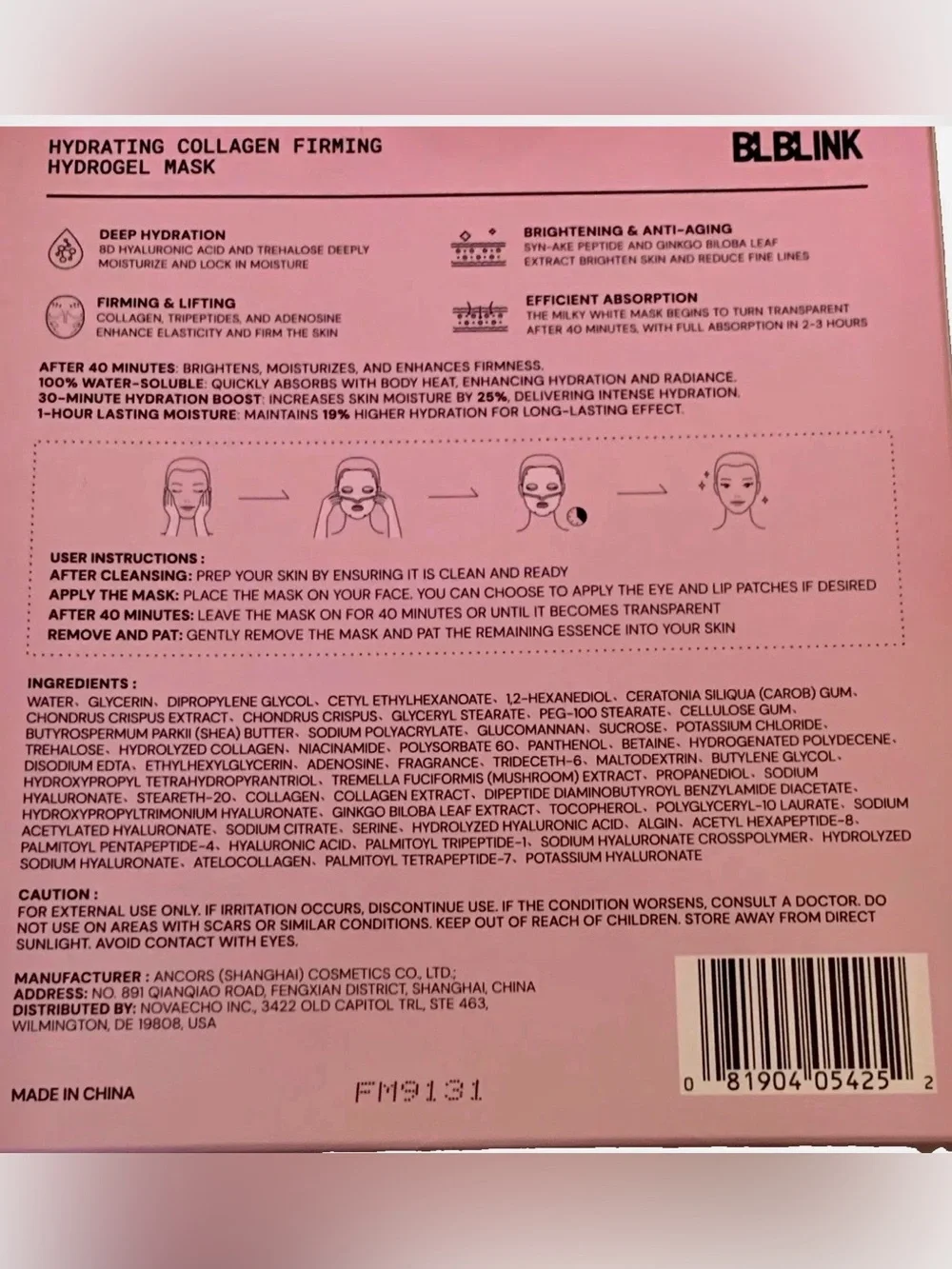 BLBLINK Pink Hydrating Collagen Firming Hydrogel Face Mask